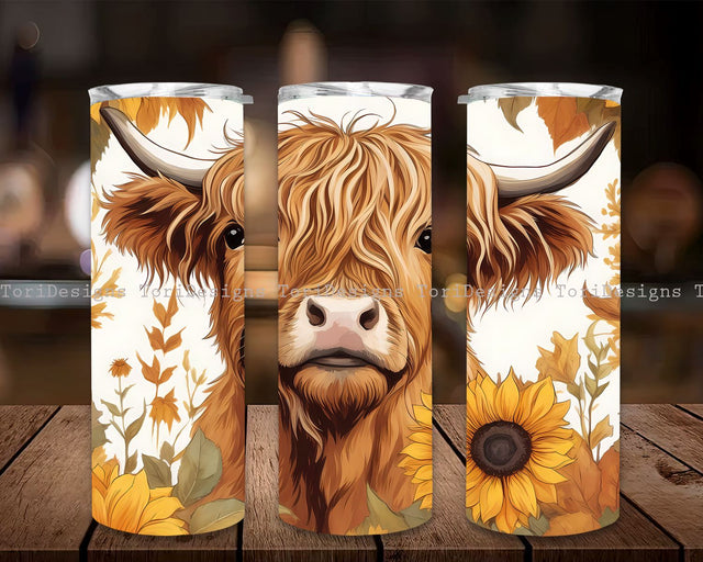 Alcohol Ink Cute Baby Highland Cow and Sunflower 20oz Skinny Tumbler Sublimation Design Digital Download PNG Neon Rainbow Cow Skinny Tumbler Sublimation ToriDesigns 