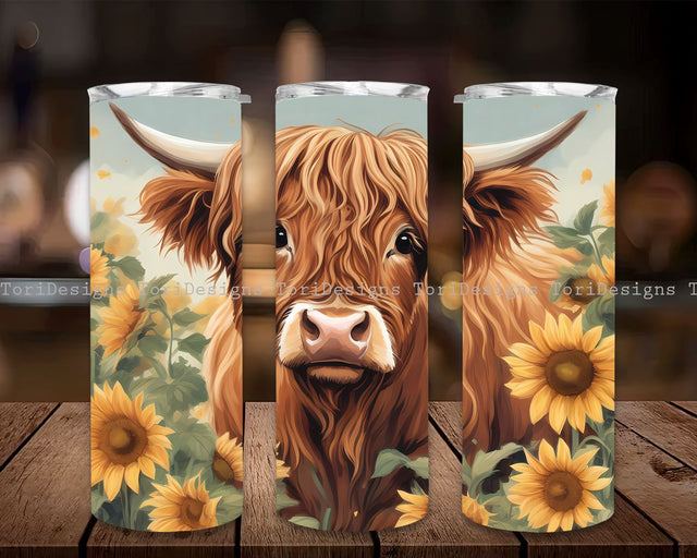 Alcohol Ink Cute Baby Highland Cow and Sunflower 20oz Skinny Tumbler Sublimation Design Digital Download PNG Neon Rainbow Cow Skinny Tumbler Sublimation ToriDesigns 