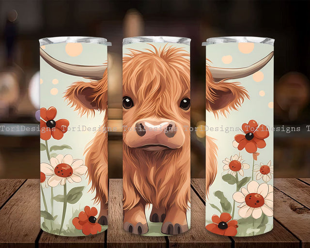 Alcohol Ink Cute Baby Highland Cow and Sunflower 20oz Skinny Tumbler Sublimation Design Digital Download PNG Neon Rainbow Cow Skinny Tumbler Sublimation ToriDesigns 