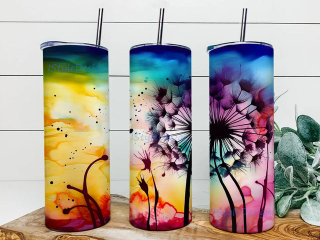 Alcohol Ink Dandelion 20oz Skinny Tumbler Png, Watercolor Floral Tumbler, Dandelion Tumbler, Dandelion Wrap, Inspirational Dandelions Tumbler Wrap Png Sublimation iStyleDesign 