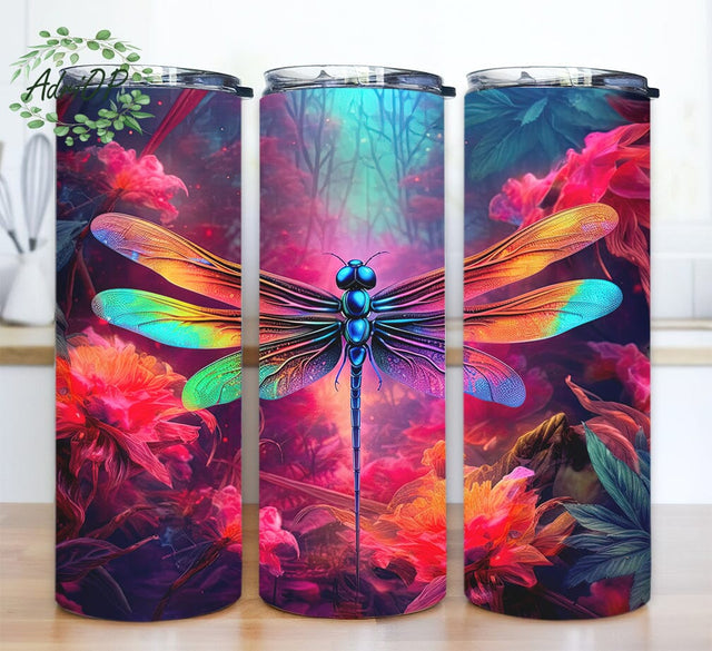 Alcohol Ink Dragonfly Neon Rainbow 20oz Skinny Tumbler Sublimation Design, Digital Download Png, Dragonflies Tumbler Floral Tumbler Wrap Png Sublimation AdriOP 