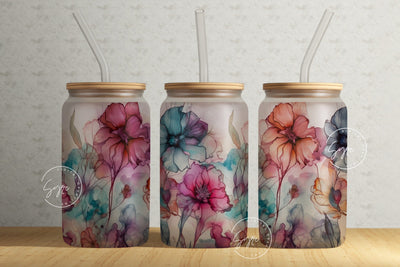 Alcohol Ink Floral Wrap, 16oz Libbey Glass Can Tumbler Sublimation Design, Watercolor Flower Wrap, Flower Glass Can Design, Wild Flower Sublimation Syre Digital Creations 