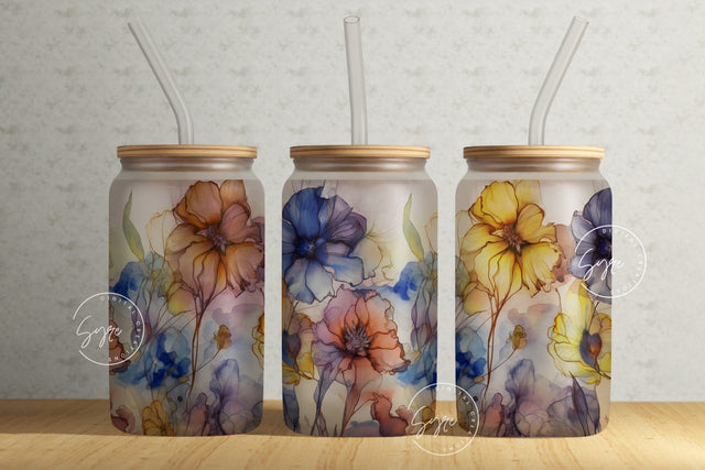 Alcohol Ink Floral Wrap, 16oz Libbey Glass Can Tumbler Sublimation Design, Watercolor Flower Wrap, Flower Glass Can Design, Wild Flower Sublimation Syre Digital Creations 