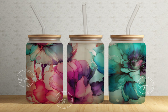 Alcohol Ink Floral Wrap, 16oz Libbey Glass Can Tumbler Sublimation Design, Watercolor Flower Wrap, Flower Glass Can Design, Wild Flower Sublimation Syre Digital Creations 