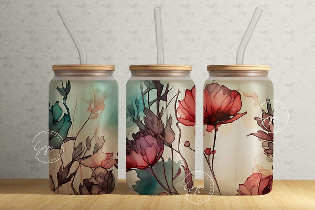 Alcohol Ink Floral Wrap, 16oz Libbey Glass Can Tumbler Sublimation Design, Watercolor Flower Wrap, Flower Glass Can Design, Wild Flower Sublimation Syre Digital Creations 