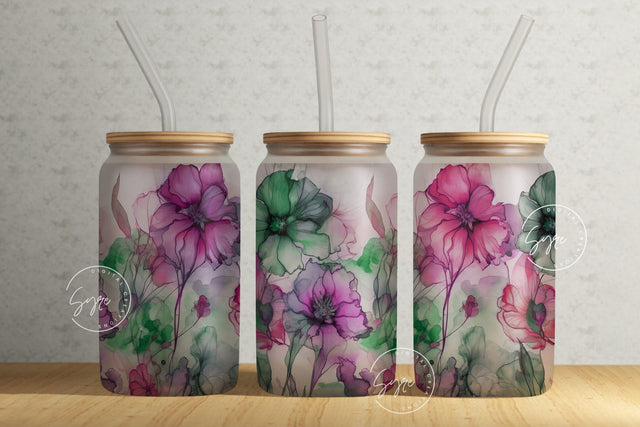 Alcohol Ink Floral Wrap, 16oz Libbey Glass Can Tumbler Sublimation Design, Watercolor Flower Wrap, Flower Glass Can Design, Wild Flower Sublimation Syre Digital Creations 