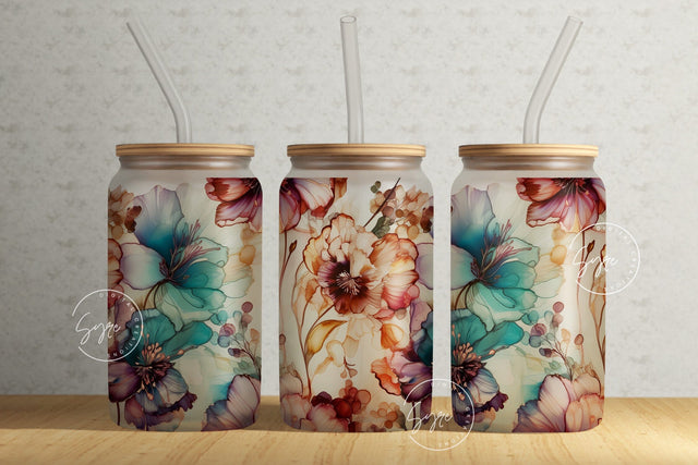 Alcohol Ink Floral Wrap, 16oz Libbey Glass Can Tumbler Sublimation Design, Watercolor Flower Wrap, Flower Glass Can Design, Wild Flower Sublimation Syre Digital Creations 