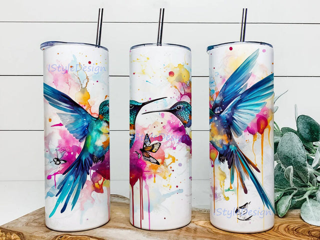 Alcohol Ink Hummingbird 20oz Skinny Tumbler Png, Hummingbird Tumbler Design, Colorful Hummingbird Floral Tumbler, Butterfly Hummingbird Tumbler Sublimation iStyleDesign 