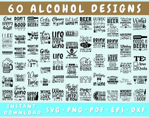 Alcohol Quotes SVG Bundle, 60 Designs, Alcohol Sayings SVG, Alcohol Shirt SVG, Wine SVG, Beer SVG, Whiskey SVG, Vodka SVG, Tequila SVG, Rum SVG SVG HappyDesignStudio 