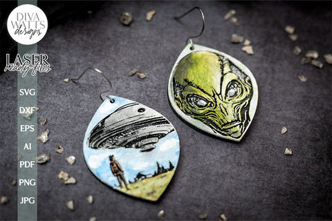 Alien Earrings SVG For Laser Earrings With Space Ship for Halloween Earrings For Glowforge Alien Earrings SVG Halloween Earring SVG SVG Diva Watts Designs 