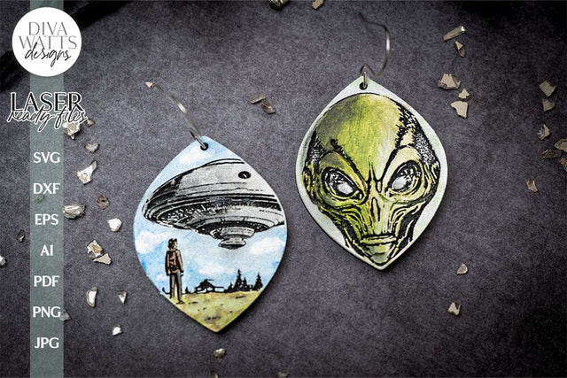 Alien Earrings SVG For Laser Earrings With Space Ship for Halloween Earrings For Glowforge Alien Earrings SVG Halloween Earring SVG SVG Diva Watts Designs 