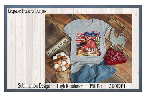 All American Farm, Red Barn Illustration, July 4th, Sublimation PNG, Digital Download, Sublimation Print Sublimation Keepsake Treasures Designs LLC. 