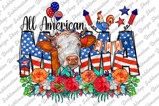 All American Mama Png, Fourth Of July Png, Patriotic Png, Western Png, Cow Png, Flowers Png, Sublimation Designs Download, Digital Download Sublimation SublimationDesignShop 