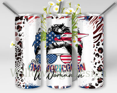 All American Woman Design Png, Patriotic Messy Bun 20oz Skinny Tumber, American Flag Leopard Tumbler Wrap, 4th of July Tumbler Png, American Sublimation Design, Instant Download Sublimation WillowSageDesign 