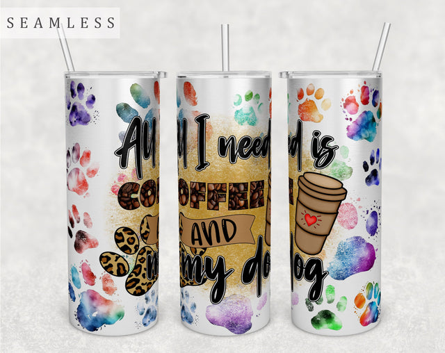 All I Need Is Coffee And My Dog Tumbler Wrap, 20 Oz Skinny Tumbler Sublimation Design, Seamless Dog Lover Tumbler PNG Sublimation HappyDesignStudio 