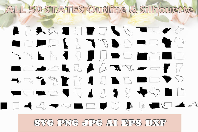 All States Silhouette & Outline Svg Dxf Png Jpg Eps Ai Pdf - So Fontsy