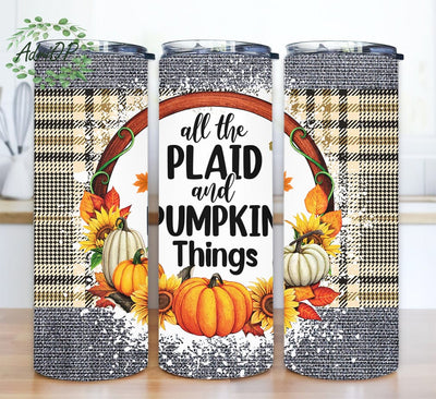 All The Plaid And Pumpkin Things 20oz Skinny Tumbler Png, Fall Tumbler, Pumpkin Png, Glitter, Leaves, Autumn, Happy Fall Y'all Sublimation AdriOP 