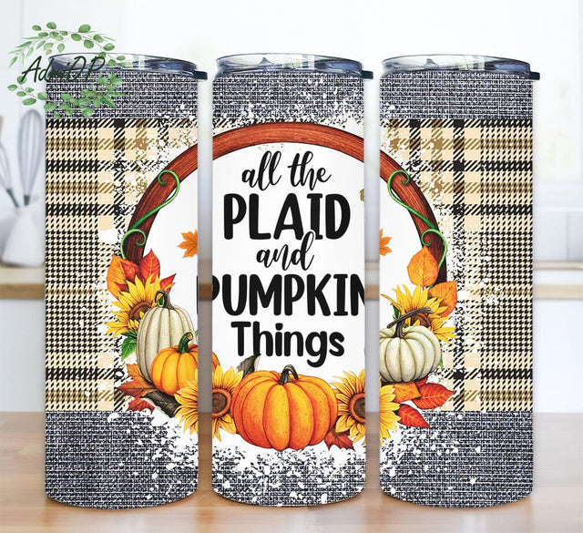 All The Plaid And Pumpkin Things 20oz Skinny Tumbler Png, Fall Tumbler, Pumpkin Png, Glitter, Leaves, Autumn, Happy Fall Y'all Sublimation AdriOP 