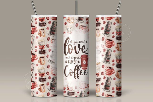 All You Need Is Love and A Good Cup Of Coffee Tumbler Wrap PNG, coffee design tumbler, Skinny 20 oz Seamless Sublimation Design, Digital Downloads Sublimation Syre Digital Creations 