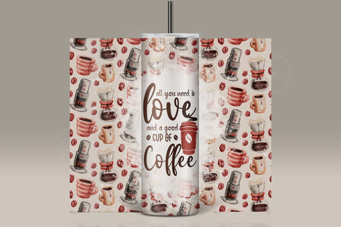 All You Need Is Love and A Good Cup Of Coffee Tumbler Wrap PNG, coffee design tumbler, Skinny 20 oz Seamless Sublimation Design, Digital Downloads Sublimation Syre Digital Creations 