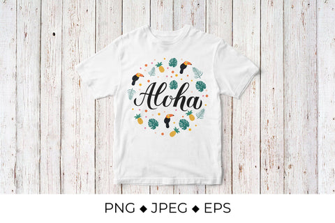 Aloha calligraphy lettering with pineapples, toucans and palm leave round sign Sublimation LaBelezoka 