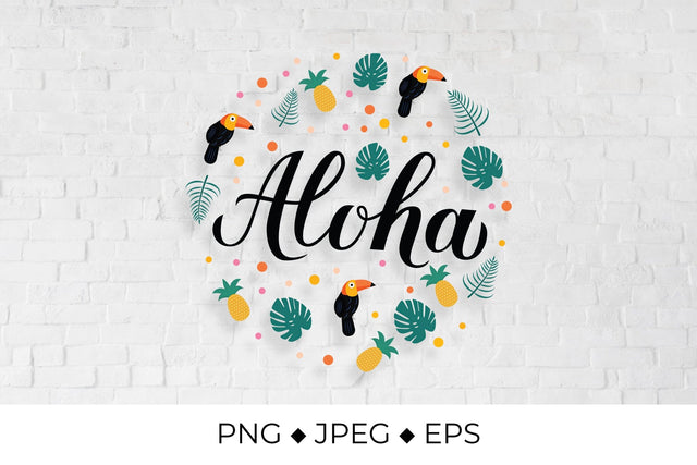 Aloha calligraphy lettering with pineapples, toucans and palm leave round sign Sublimation LaBelezoka 