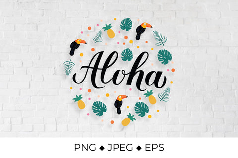Aloha calligraphy lettering with pineapples, toucans and palm leave round sign Sublimation LaBelezoka 