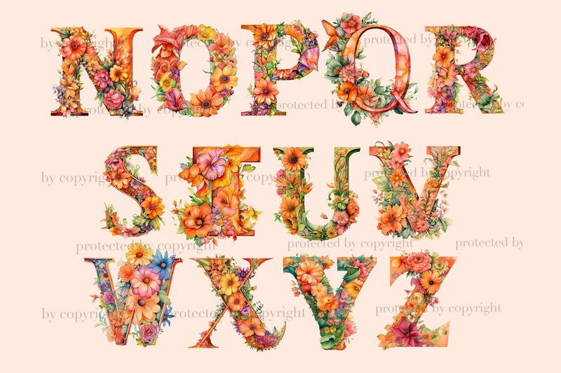 Alphabet Flowers Clipart | Floral Alphabet Lettering - So Fontsy