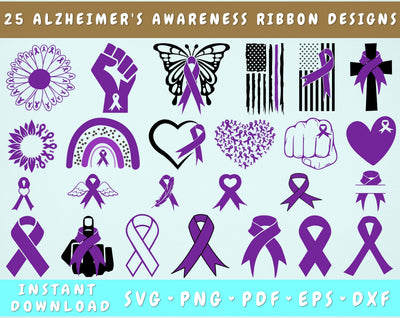 Alzheimer's Awareness Ribbon SVG Bundle, 25 Designs, Alzheimer's Awareness Clipart, Alzheimer's PNG Files For Sublimation, Purple Ribbon SVG SVG HappyDesignStudio 