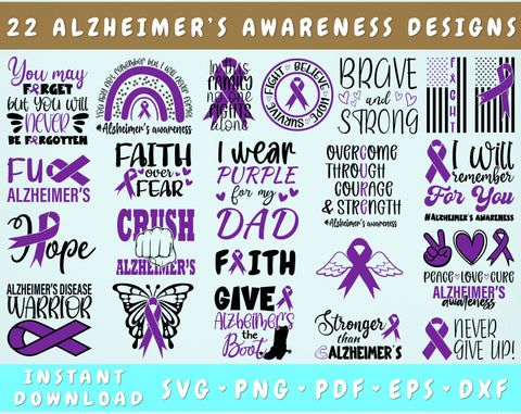 Alzheimer's Disease Awareness SVG Bundle, 22 Designs, Alzheimer's Cricut Files, Purple Ribbon SVG, Alzheimer's Awareness PNG SVG HappyDesignStudio 