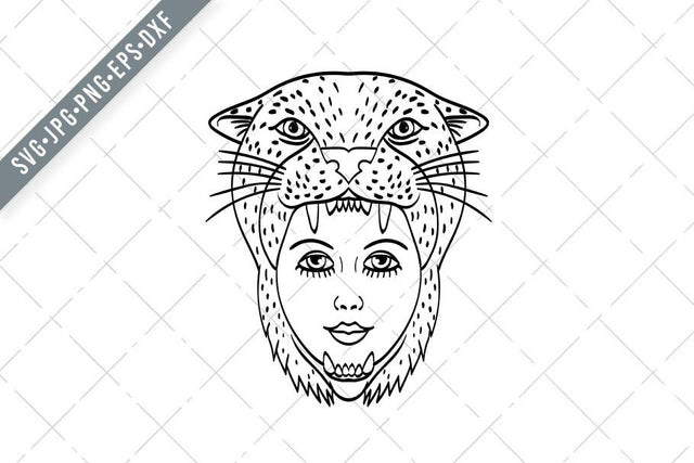 Amazon Warrior Wearing a Jaguar Headdress Tattoo Style Black and White SVG Patrimonio Designs Limited 