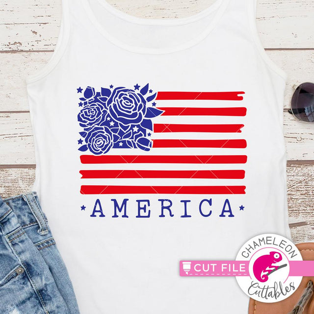 America - American Flag with Flowers - 4th of July - USA - Patriotic Shirt Design - SVG SVG Chameleon Cuttables 