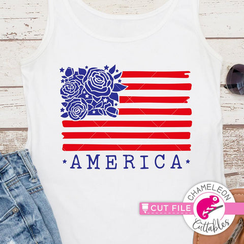 America - American Flag with Flowers - 4th of July - USA - Patriotic Shirt Design - SVG SVG Chameleon Cuttables 
