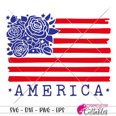 America - American Flag with Flowers - 4th of July - USA - Patriotic Shirt Design - SVG SVG Chameleon Cuttables 