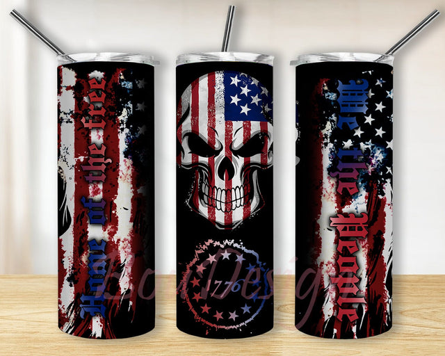 America Skull 20oz Skinny Tumbler, Cute Patriotic Skull USA, We The People 1776 Home Of The Free Vintage America Flag Sublimation BouDesign 