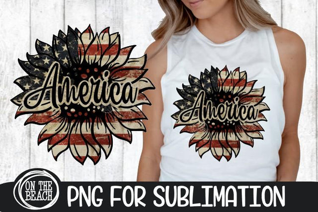 AMERICA - Sunflower - Vintage Flag - July 4th - PNG 300 DPI Sublimation On the Beach Boutique 