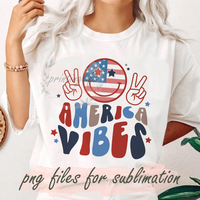 America Vibes Sublimation PNG, Retro American Flag Happy Face Png, 4th of July Png, Patriotic Design PNG, Red White Blue Png, Instant Download Sublimation PrintingLife 