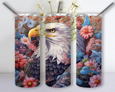 American Eagle With Flowers And White Background 20oz Skinny Tumbler Png, American Eagle Flowers Tumbler, Patriotic Eagle Red White Tumbler, American Eagle Tumbler Sublimation PixelChick 