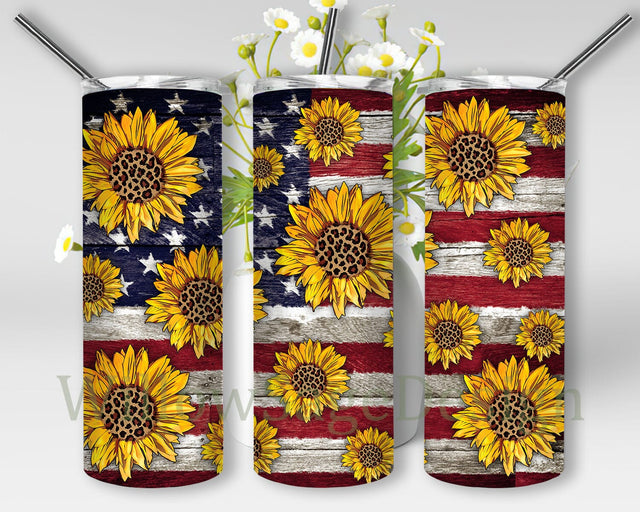 American Falg Sunflower 20oz Skinny Tumbler Png, American Tumbler Png, 4th July Png, Stars, Wooden, Sunflower Png, Independence Day Png Sublimation WillowSageDesign 