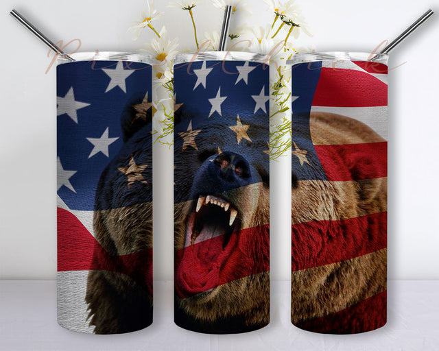 American Flag Bear Sublimation Designs Downloads, Skinny Tumbler 20oz Design Download PNG Sublimation PixelChick 