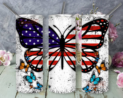 American Flag Butterfly 20oz Skinny Tumbler Png, American Tumbler Png, American Flag On Butterfly Png, 4th Of July Png, Independence Day Png Sublimation DesignSVG 