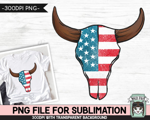 American Flag Cow Skull SUBLIMATION design PNG, July 4th Cow Skull png file, USA Cow Skull sublimation download, red white blue png, digital Sublimation Wild Pilot 