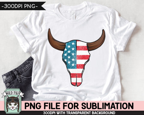 American Flag Cow Skull SUBLIMATION design PNG, July 4th Cow Skull png file, USA Cow Skull sublimation download, red white blue png, digital Sublimation Wild Pilot 