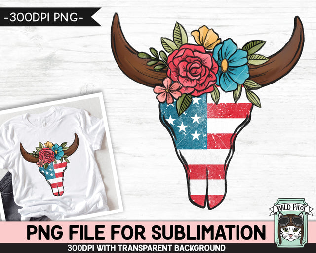 American Flag Cow Skull SUBLIMATION design PNG, July 4th Floral Cow Skull png file, USA Cow Skull sublimation download red white blue flower png Sublimation Wild Pilot 