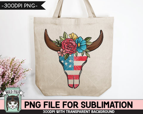 American Flag Cow Skull SUBLIMATION design PNG, July 4th Floral Cow Skull png file, USA Cow Skull sublimation download red white blue flower png Sublimation Wild Pilot 