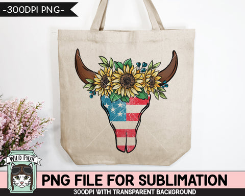 American Flag Cow Skull SUBLIMATION design PNG, July 4th Sunflower Cow Skull png, USA Cow Skull sublimation download red white blue floral png Sublimation Wild Pilot 