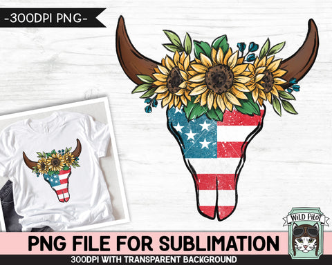 American Flag Cow Skull SUBLIMATION design PNG, July 4th Sunflower Cow Skull png, USA Cow Skull sublimation download red white blue floral png Sublimation Wild Pilot 