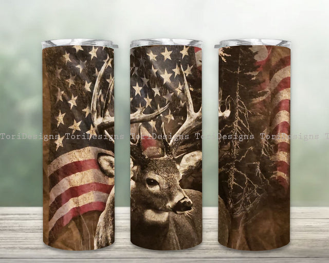 American Flag, Deer Hunting Tumbler PNG, Wood Background PNG Sublimation Skinny Tumbler Wrap Sublimation ToriDesigns 