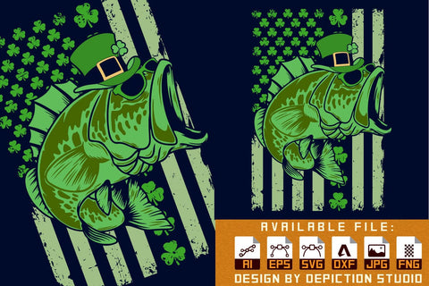 American Flag Fishing St. Patrick's Day T-shirt, St. Patrick's Day USA Flag Fishing Shirt, Shamrock American Flag Shirt Print Template Sketch DESIGN Depiction Studio 