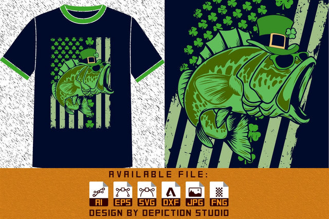 American Flag Fishing St. Patrick's Day T-shirt, St. Patrick's Day USA Flag Fishing Shirt, Shamrock American Flag Shirt Print Template Sketch DESIGN Depiction Studio 
